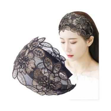 Imagem de Tiara Feminina Larga Com Renda Floral, Faixa De Cabelo Elástica Antide