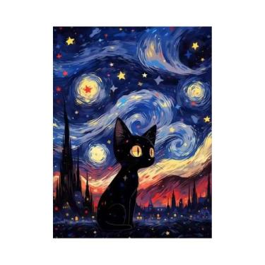Imagem de Pintura Diamante DIY 5D Céu Noturno Com Gatos, Bordado De Diamantes Re