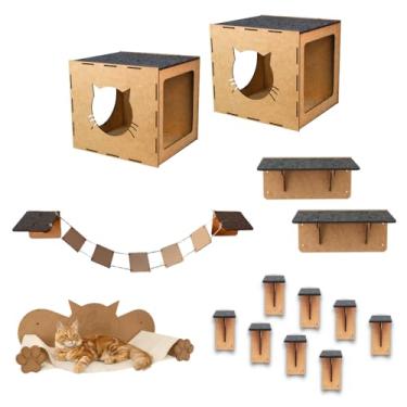 Imagem de BOXFAN Playground para gatos suspenso de parede 16 peças, ponte, degraus, nicho, rede de descanso pet em mdf reforçado, móveis e brinquedos para gatos
