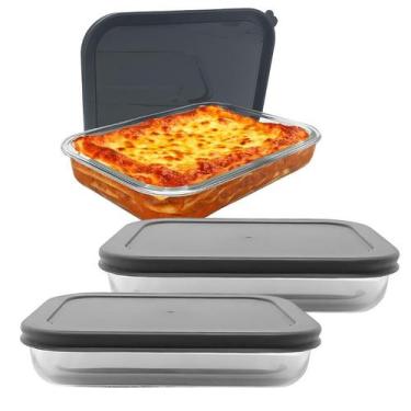Imagem de Kit 2 Travessas Assadeira 2600ml Lasanheira de Vidro Com Tampa Forno M