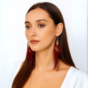 Imagem de Brinco de Pressão com Penas Vermelhas Folhas Douradas Luxo - anjo da m