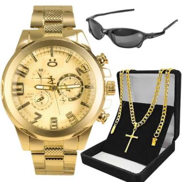 Imagem de relogio masculino dourado aço inox + oculos sol + cordão ouro social o