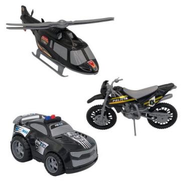 Imagem de Kit Polícia Triplo: Carro Moto e Helicóptero (Preto) - BS TOYS