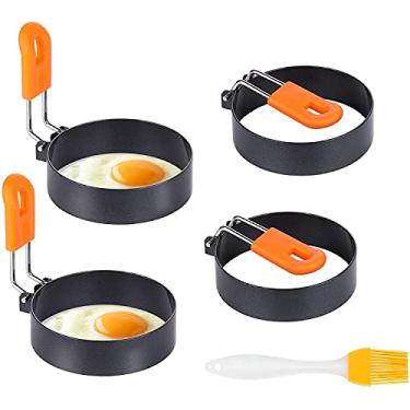 Imagem de Anéis de ovo, pacote com 4 anéis antiaderentes para fritar ovos e muffin, molde de ovo redondo de aço inoxidável com alça antiqueimaduras, ovos escalfados para acampamento, café da manhã e sanduíche hambúrguer