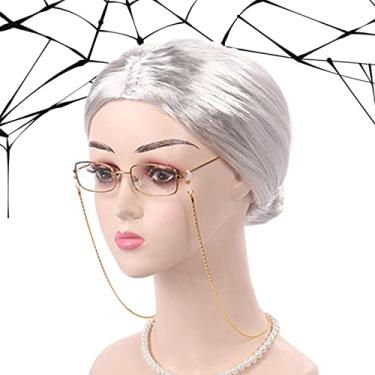 Imagem de peruca vovó - Ball Head Old Lady Cosplay Set para Homens e Mulheres | Peruca velha senhora Óculos avó peruca avó, touca peruca, alça cordas corrente óculos, A/r