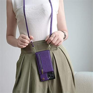 Imagem de Porta-cartão Slot Cordão Corda Capa de Telefone de Couro para iPhone 13 14 12 11 Pro Max 7 8 Plus X XS XR SE Capa de Carteira Crossbody, Roxo, Para iPhone 7Plus