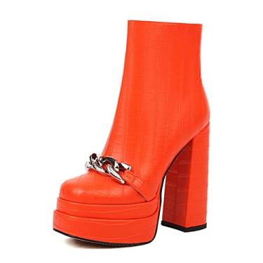 Imagem de Plataforma feminina Chelsea Mid Booties Chunky Block Toe Quadrado Motocicleta de Salto Alto Gótico com Corrente,Orange,4 UK/37 EU