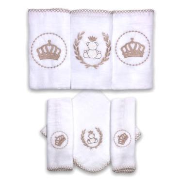Imagem de Kit 6 Fraldas De Pano Bordadas (3 De Ombro + 3 De Boca) Coroa Bege