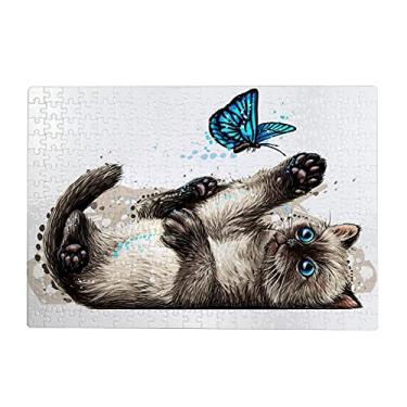 Imagem de ColourLife Quebra-cabeças quebra-cabeça presente de arte para adultos, adolescentes, gatos, brincando com borboleta, jogos de quebra-cabeça de madeira, 300/500/1000 peças, multicolorido