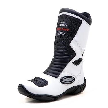 Imagem de Bota motociclista couro semi-impermeável ajuste panturrilha 420 (43, Branco Preto)