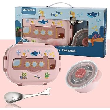 Imagem de Lancheira infantil de aço inoxidável dos desenhos animados, à prova de vazamentos, 3 compartimentos, lancheira para estudantes, lanche escolar ideal, recipiente isolado isolado(pink)