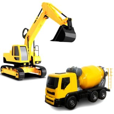 Imagem de Kit 2 Carrinhos de Construção Trator Escavadeira e Caminhão Betoneira Realista Roma Original Brinquedo Infantil de Obras
