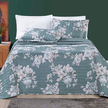 Imagem de Kit Cobre Leito Colcha Celi Queen Dupla Face Micropercal 200 Fios 3 Peças - Verde Floral