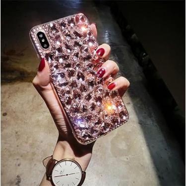 Imagem de HFICY Capa de telefone feminina com 2 peças de película de vidro, capa protetora feminina transparente macia com cristais de diamantes brilhantes (rosa, para Alcatel Axel)