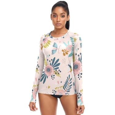 Imagem de KLL Camiseta de banho feminina com estampa colorida de insetos e flores, camisas de surfe Rash Guard camisas atléticas de secagem rápida, Insetos e flores com padrão colorido, G
