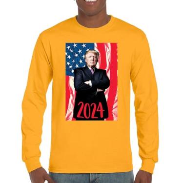 Imagem de Camiseta de manga comprida com pose da bandeira americana Donald Trump 2024 President 45 47 MAGA America First Republican Conservative, Amarelo, M