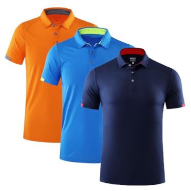 Imagem de 3 peças/conjunto de camisa polo masculina, camiseta de golfe respirável de ajuste regular, camiseta casual com gola V manga curta para o verão, roupas masculinas, Azul marinho + azul + laranja, XXG