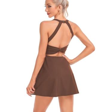 Imagem de Vestido feminino de tênis com shorts embutidos e sutiã para treino, golfe, vestido atlético para mulheres, Marrom chocolate, G