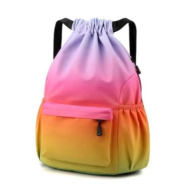 Imagem de Bolsa impermeável com cordão, mochila leve com suporte para garrafa de água e bolsos, mochila esportiva de ginástica, Arco-íris, Large, Esportes