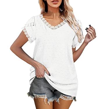 Imagem de Blusas femininas de malha de renda para treino plus size manga curta Y2K blusas de algodão blusas largas túnica básica, Branco, GG