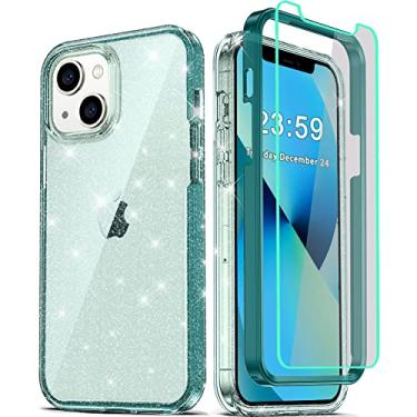 Imagem de COOLQO Capa compatível com iPhone 14 Plus de 6,7 polegadas, com [2 x protetor de tela de vidro temperado] glitter transparente brilhante 360 cobertura total silicone macio 3 em 1 capa protetora de telefone verde