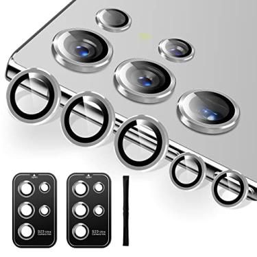 Imagem de BPZZ [Pacote com 5 + 5] Protetor de lente de câmera Ultra para Samsung Galaxy S23 Ultra 9H Protetor de tela de vidro temperado para S23 Ultra Accessories Capa de lente de borda de alumínio HD transparente, compatível com 2 conjuntos [prata]