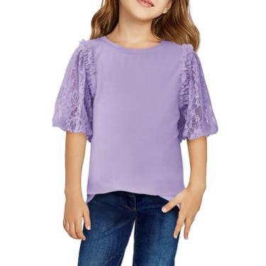 Imagem de Camisetas de manga curta de renda de verão para meninas blusas de gola redonda moda infantil 5-14 anos, Roxa, 13-14 Anos