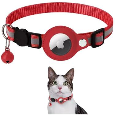 Imagem de Coleira Anti Perda Pet De Nylon Com Capa de Couro Para Rastreador Airtag ou Identificador, Com Detalhes Reflexivos E Sininho, Recomendável para Gatos e Cachorros (Porte Pequeno) (Vermelho)