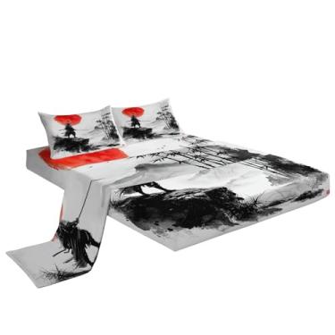 Imagem de Eojctoy Jogo de cama 3D – Jogo de lençol Queen com 4 peças de samurai japonês vermelho e sol reativo – macio, respirável, resistente ao desbotamento – Inclui 1 lençol de cima, 1 lençol com elástico, 2