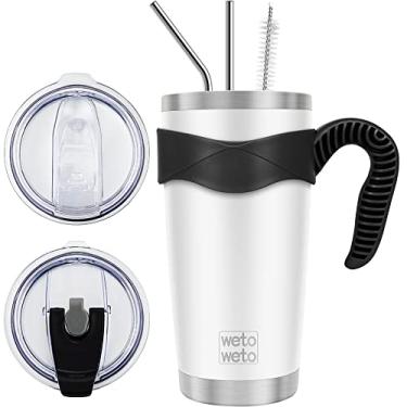 Imagem de WETOWETO Copo de 590 ml com 2 tampas e 2 canudos, copo de café com água isolada a vácuo de aço inoxidável, caneca de viagem à prova de derramamento revestida com pó copo térmico para bebidas quentes e frias (branco, 1 pacote)