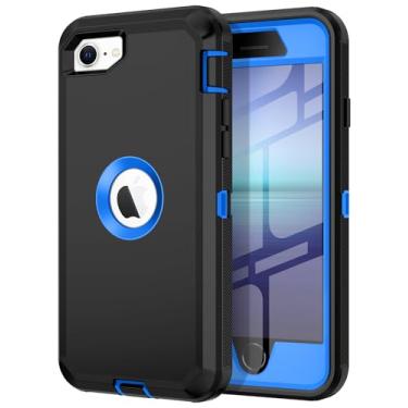 Imagem de I-HONVA Capa para iPhone SE 2022/2020, protetor de tela integrado, à prova de choque, poeira/queda, 3 em 1, capa resistente e durável para Apple iPhone SE 3ª/2ª geração 4.7, preto/azul