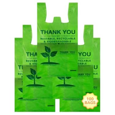 Imagem de UMT Plastar 100 unidades de sacos de camiseta de plástico biodegradável reciclável, compostável, reutilizável, 100% | Green Eco Grocery Shopping | 29 cm x 15,8 cm x 53 cm | 16 microfones (0,63 mil)