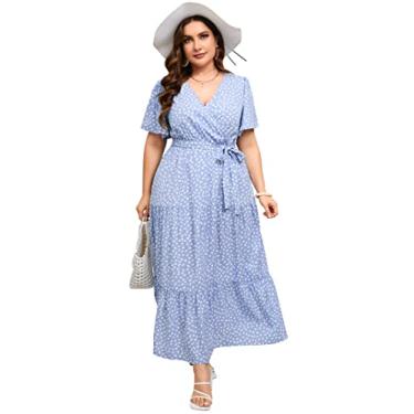 Imagem de KOJOOIN Vestido longo feminino plus size com decote em V, cintura alta, babados, manga curta, vestido casual de verão com cinto, Manga curta com bolinhas azuis e brancas, 5G