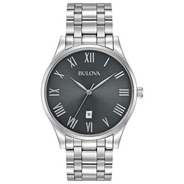 Imagem de Bulova Relógio masculino clássico de aço inoxidável com 3 ponteiros e calendário, mostrador cinza com numerais romanos estilo: 96B261, Aço inoxidável, Pulseira clássica de aço inoxidável prata de quartzo Sutton
