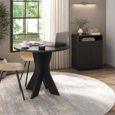 Imagem de Kit 2 Peças com Mesa Redonda para Home Office ou Reuniões e Balcão Multiuso com Nicho Preto
