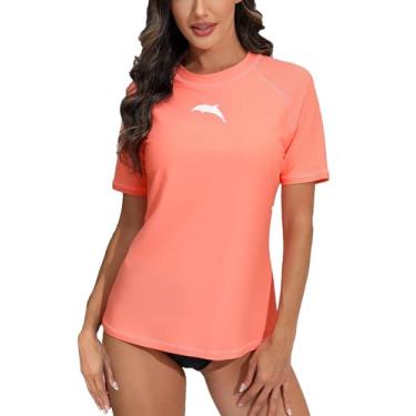 Imagem de Halcurt Camiseta feminina de manga curta Rash Guard com sutiã embutido, proteção solar UPF50, roupa de banho de secagem rápida, Rosa salmão/sutiã embutido, GG