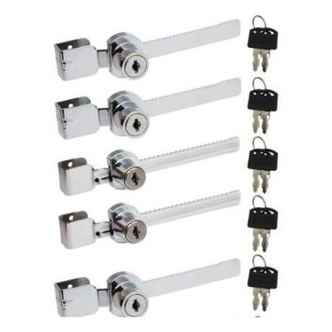 Imagem de Kit 5 Fechaduras Vitrine Cromada Trava Jacaré 140Mm Vidro - AGS