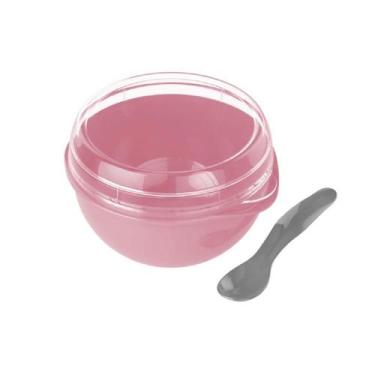 Imagem de Bowl Com Tampa e Colher Plastica Rosa 500ml Livre de BPA Plasvale, Ros