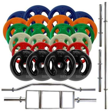 Imagem de Kit Anilhas Emborrachadas 100Kg + Barras Com Presilhas - SEPO