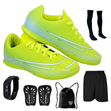 Imagem de Chuteira Futsal Adulto Juvenil Quadra Salão Futebol Novo + Meião Relóg