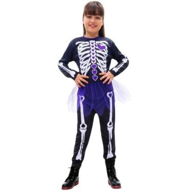 Imagem de Fantasia de Esqueleto Raio X para Meninas Infantil Macacão Caveira Com