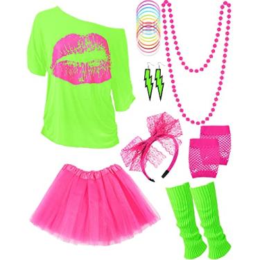 Imagem de Fantasia feminina dos anos 80 com acessórios, camiseta, saia tutu para festa temática de Halloween, Verde fluorescente com vermelho rosa, X-Small