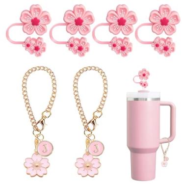 Imagem de 6 peças de acessórios para copos Stanley, capa de palha rosa de 10 mm/0,4 pol. com pingentes de letras de flores para copo Stanley 30 e 1,134 g, capa de palha de flor para copo Stanley, topos de palha