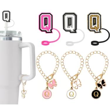 Imagem de (3 +3) Capa de canudo Nuozme compatível com copo Stanley Tumbler 3 peças de tampas de palha com letras com 3 pingentes de borboleta inicial Nome ID para Stanley Copo de 30 e 1,134 g