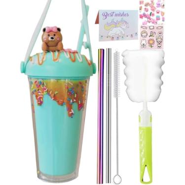 Imagem de seelucky Copo de viagem de unicórnio com canudo e chocolate, copo para beber gelo, leite, café, caneca de plástico para piquenique, festa, presente de aniversário (urso de sorvete, 450 ml)