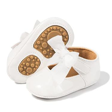 Imagem de KIDSUN Sapatos Mary Jane para bebês meninas sola de borracha antiderrapante chinelos de balé vestido de princesa sapatos de casamento sapatos de berço recém-nascidos sapatos de primeiros passos, C1-white, 3-6 Meses