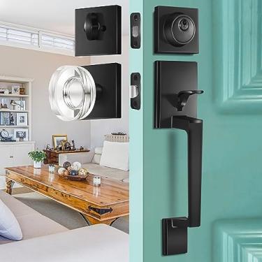 Imagem de BonKuDoo Conjunto de maçaneta preta e fechadura de cilindro único, conjunto de fechadura de porta frontal com maçanetas de vidro