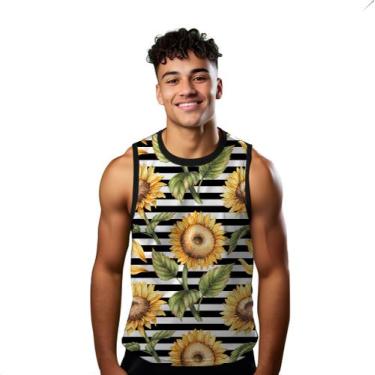 Imagem de Camiseta Regata Verão Estilo Moda Praia Girassol Xadrez Listras Flor 1