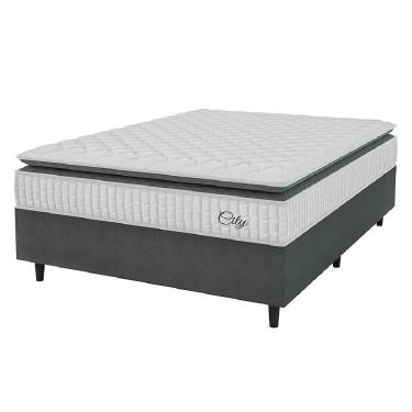 Imagem de Cama Box Colchão Casal Molas Ensacadas City Pillow Top 138x188x61cm Branco / Cinza Hellen