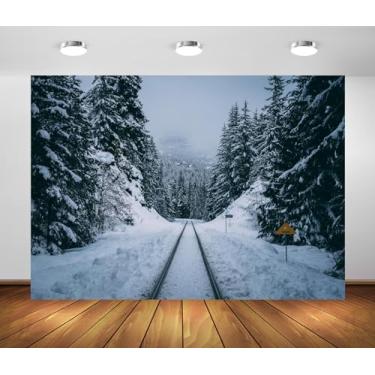 Imagem de BELECO Tecido de 2,1 x 1,5 m de pano de fundo de ferrovia de floresta de inverno, trilhos de trem cobertos de neve, árvores congeladas, campo de neve, cenário de inverno, decoração de festa de Natal,